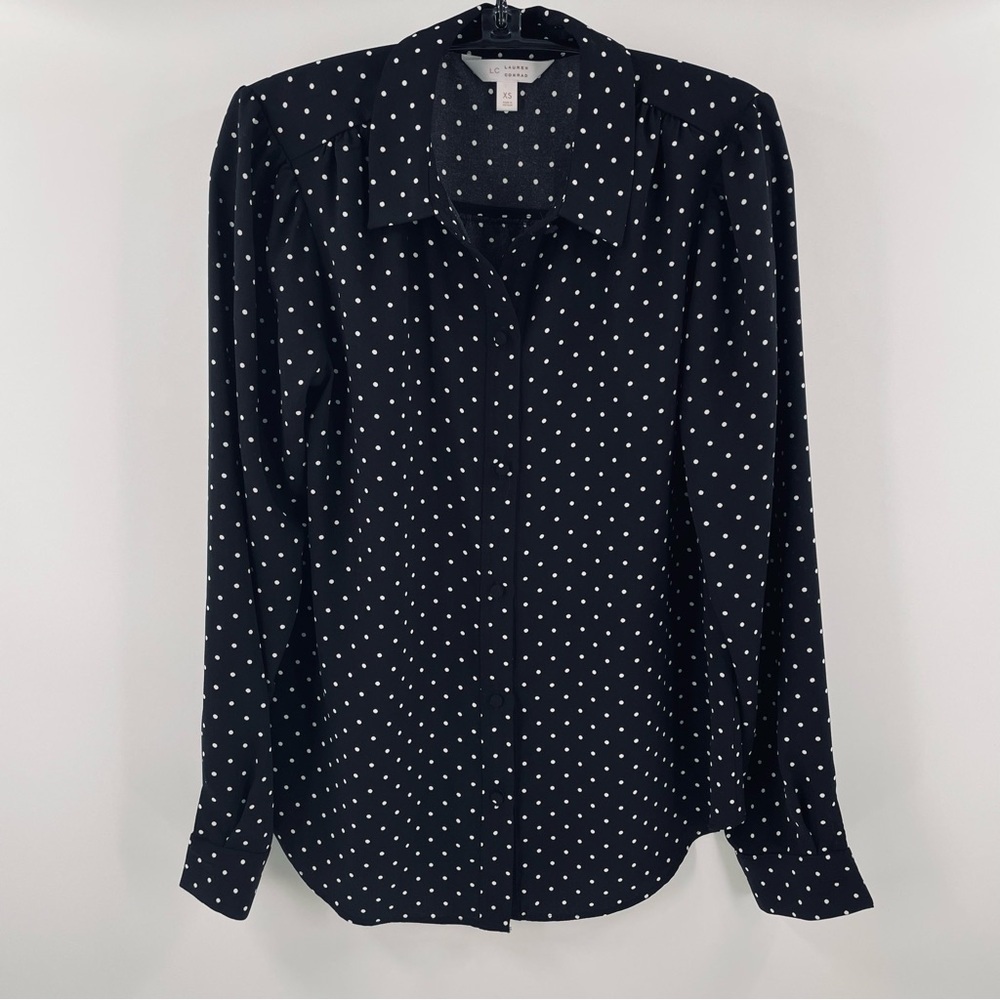 Lauren Conrad Black White Long Sleeve Covered Button Collared Blouse Office